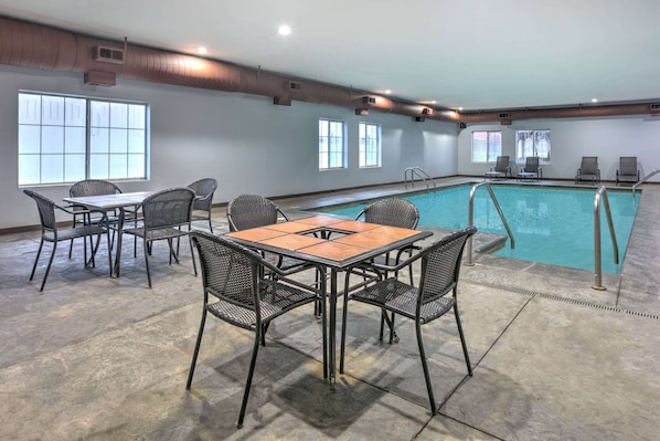 Indoor pool, open 10:00 AM to 10:00 PM, sun loungers