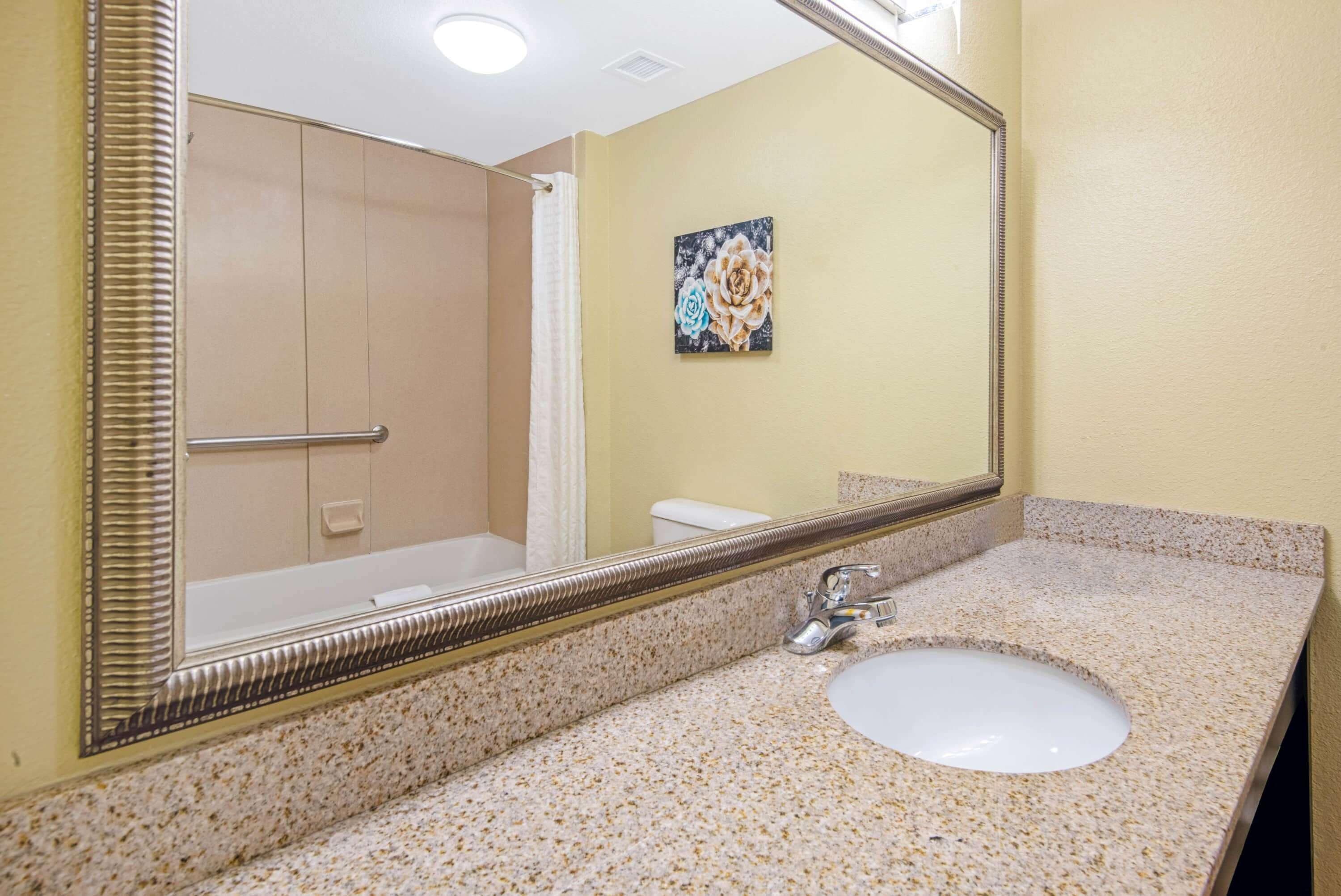 A bathroom with a sink, mirror, and a shower.