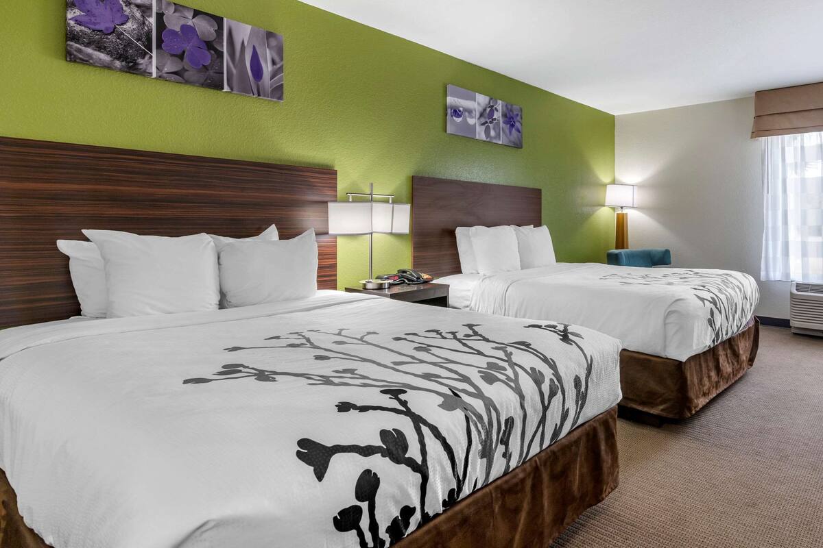 A hotel room with two beds, green walls, and artwork.