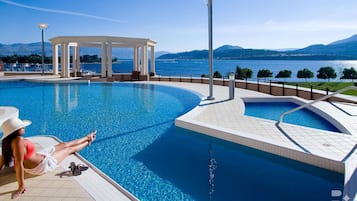Utomhuspool, parasoller och solstolar