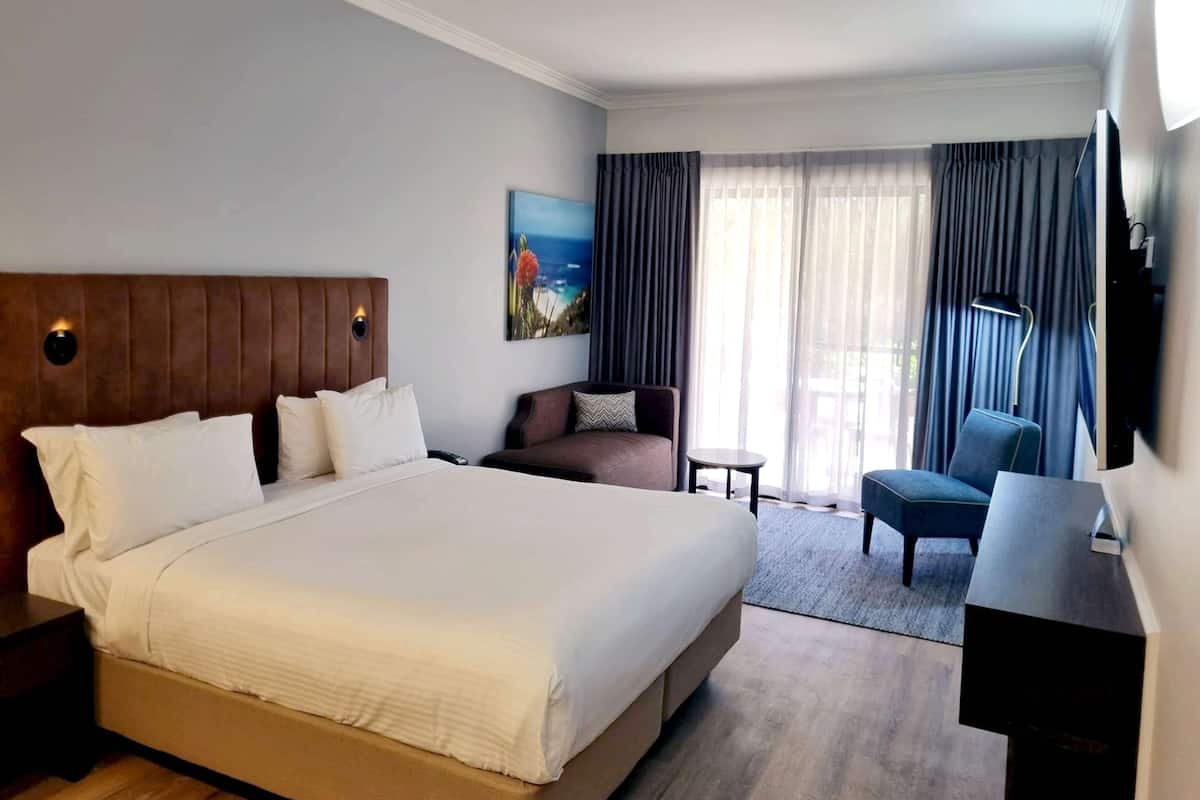 Habitación de hotel con una cama grande, un escritorio, una silla y un televisor.