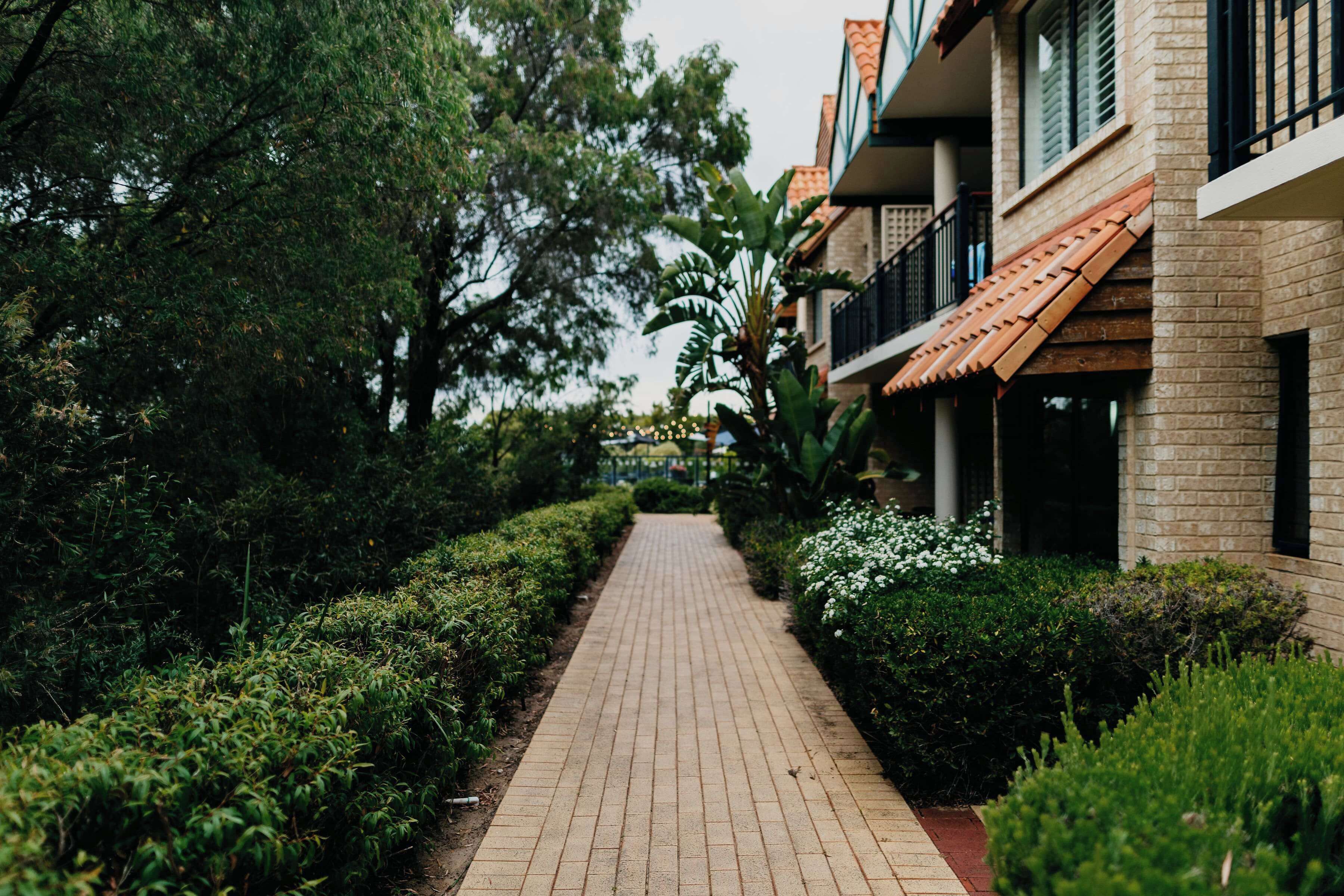 A brick pathway flanked by lush greenery and a building with a tiled roof and balconies.