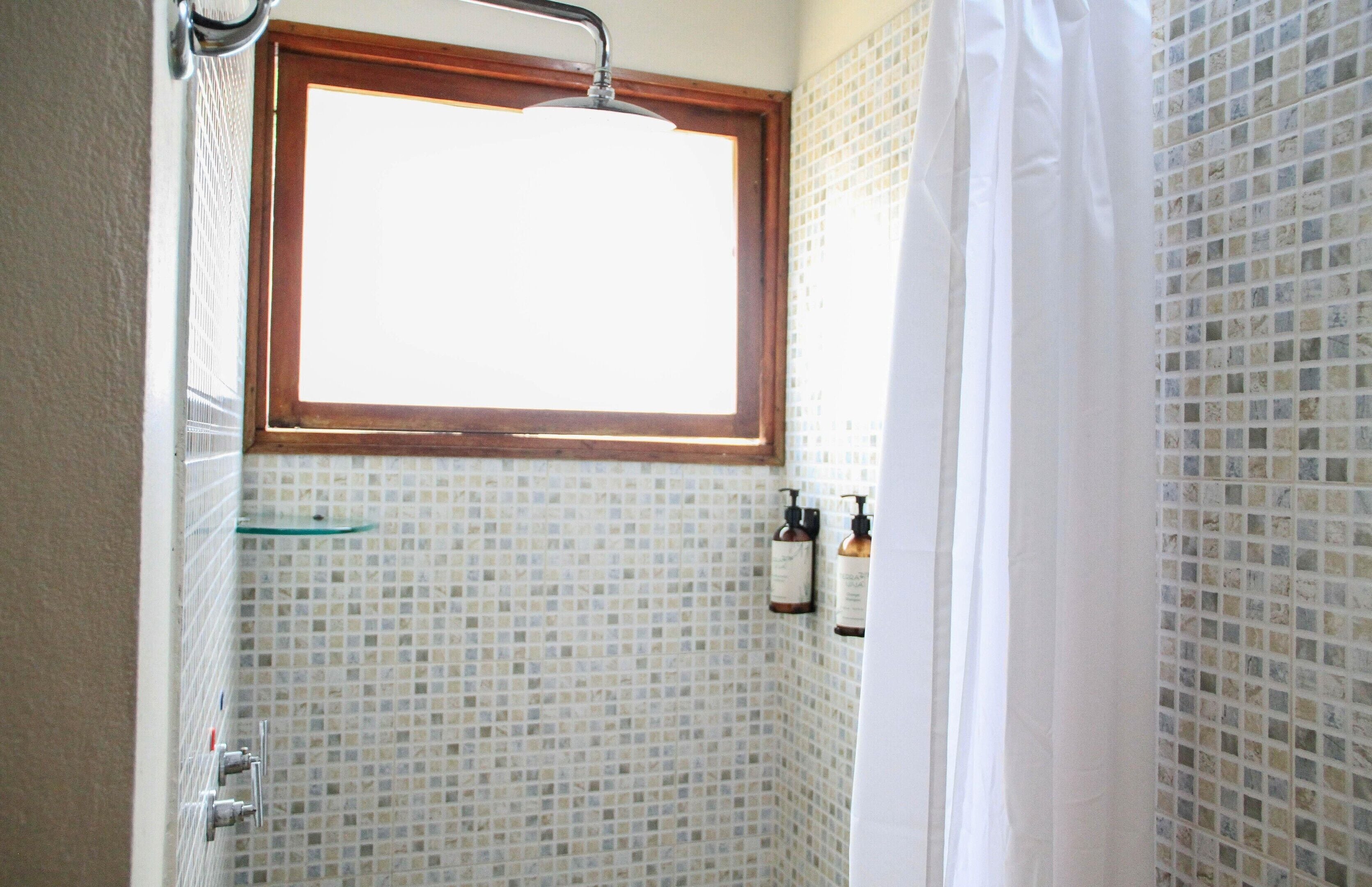 Une salle de bain avec une douche, une fenêtre et des murs carrelés.