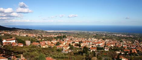A coastal town with red-roofed houses, a clear sky, and the sea in the distance.