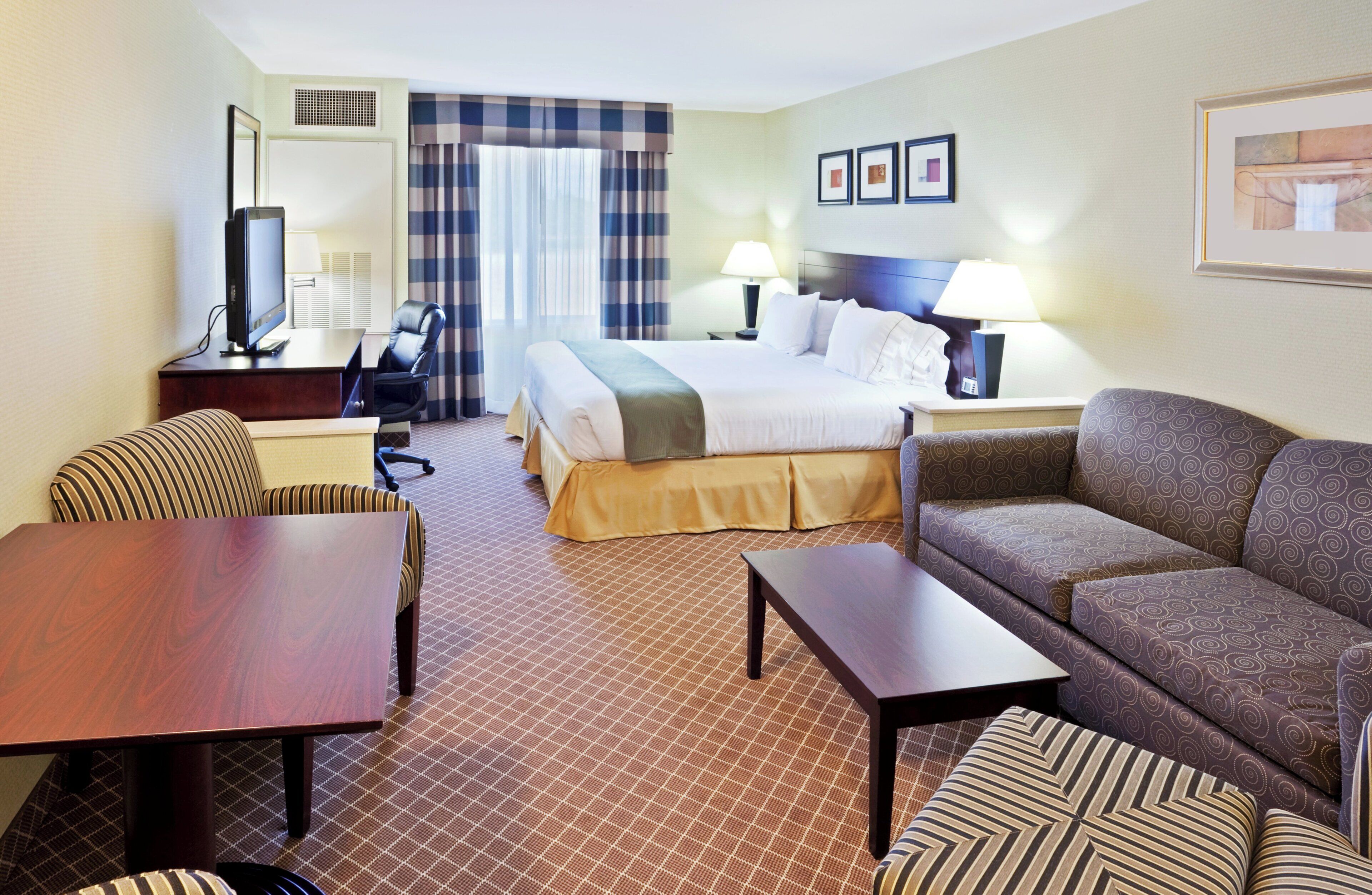 A hotel room with a bed, a desk, a chair, a sofa, and a television.