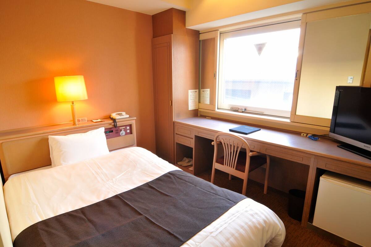 A hotel room with a bed, desk, chair, TV, and a window with a view.
