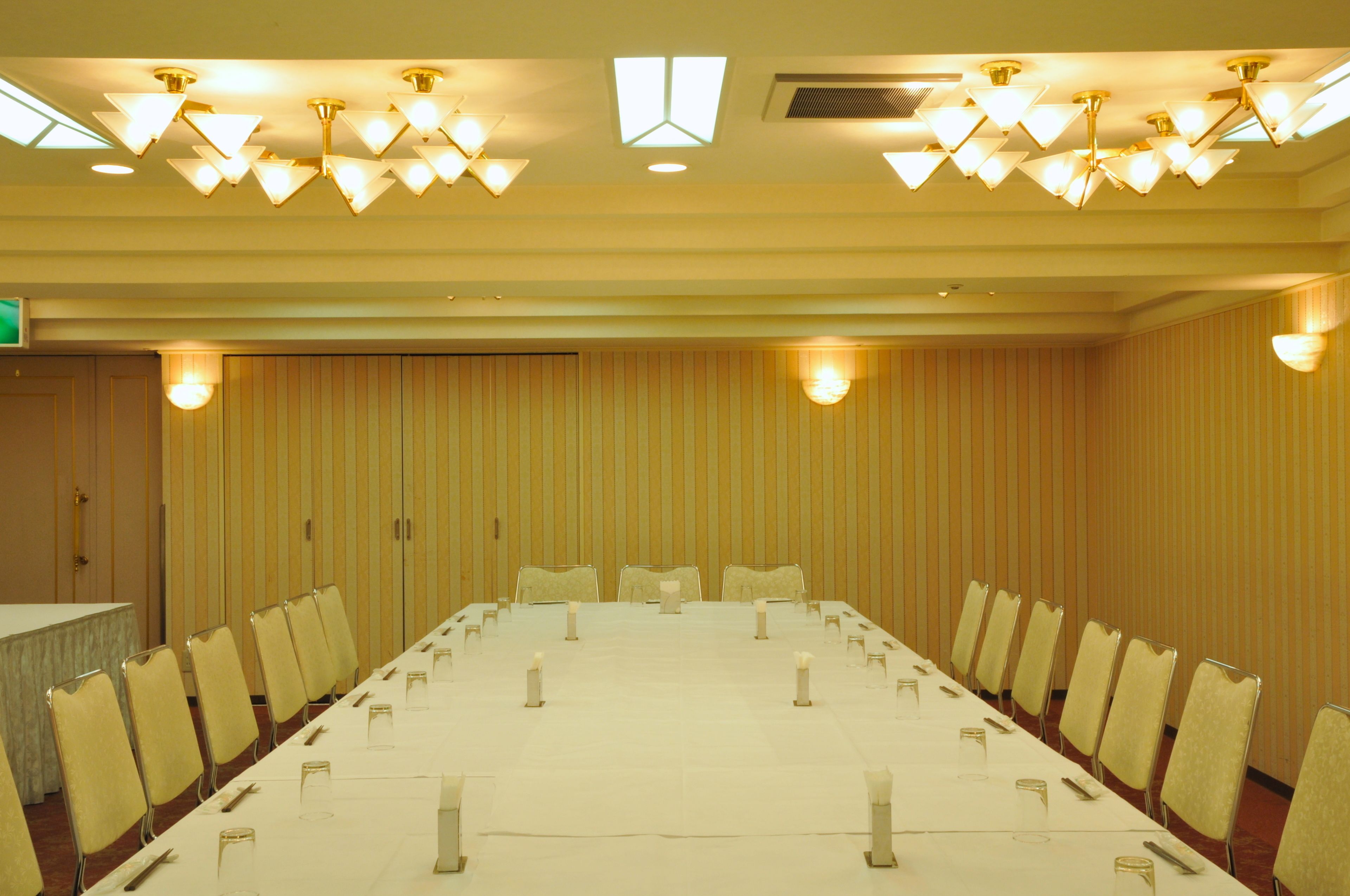 A conference room with a long table, chairs, and ceiling lights.