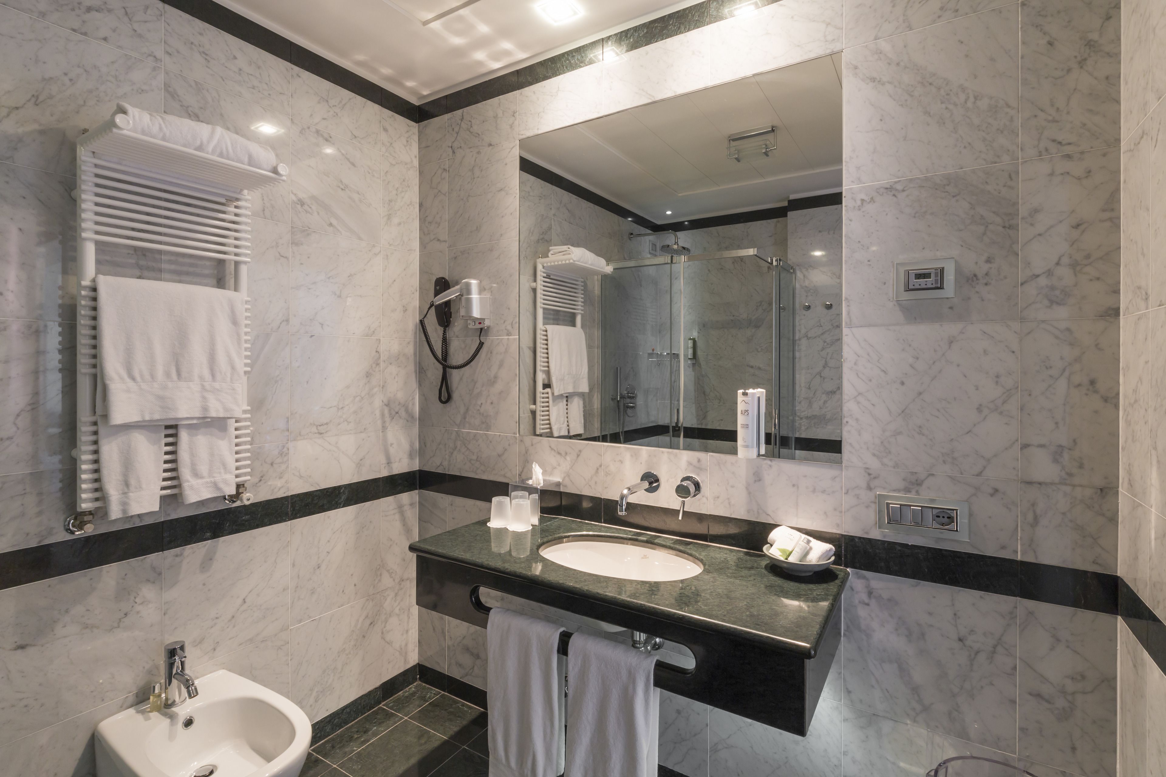 shower, rainfall showerhead, hair dryer, bathrobes