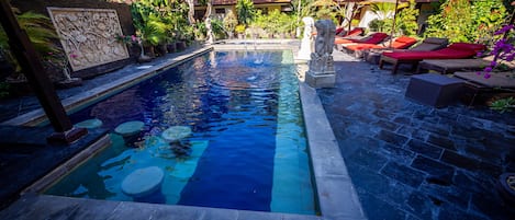 Outdoor pool, pool umbrellas, pool loungers