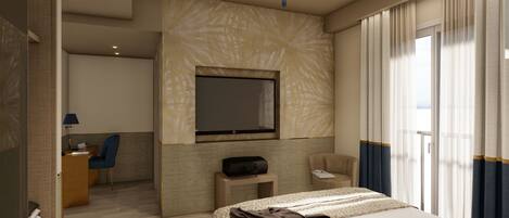 A modern hotel room with a large bed, a TV mounted on the wall, a desk with a chair, and a view of the outdoors through the window.