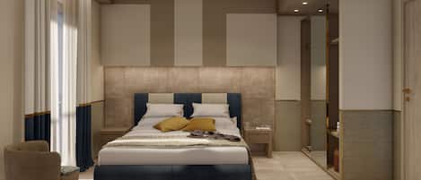 A modern bedroom with a large bed, bedside tables, a chair, and a wardrobe.