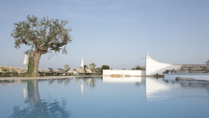 Un área de piscina tranquila con un gran árbol, sillas de descanso y un edificio blanco de diseño arquitectónico singular.