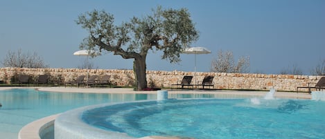 Indoor pool, seasonal outdoor pool, pool umbrellas, pool loungers