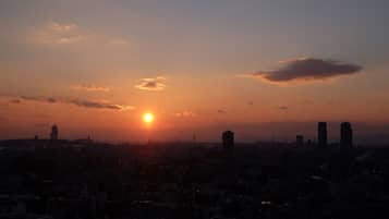 Eine Stadtansicht im Abendrot, die Sonne steht tief am Horizont.