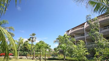 Un patio de hotel con palmeras, un vehículo rojo y un edificio de varios pisos con balcones.