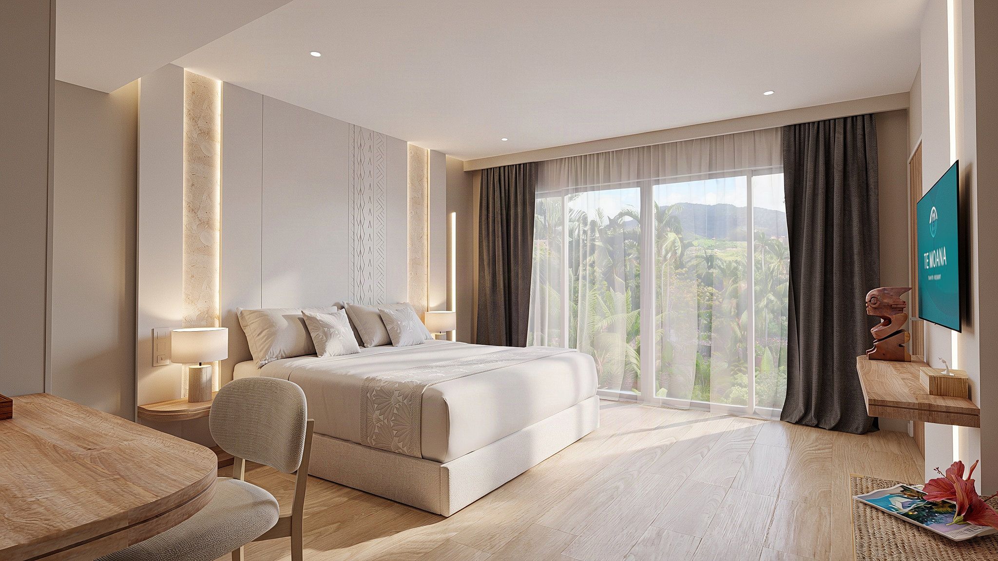 A modern hotel room with a large bed, a desk, and a view of a tropical landscape.