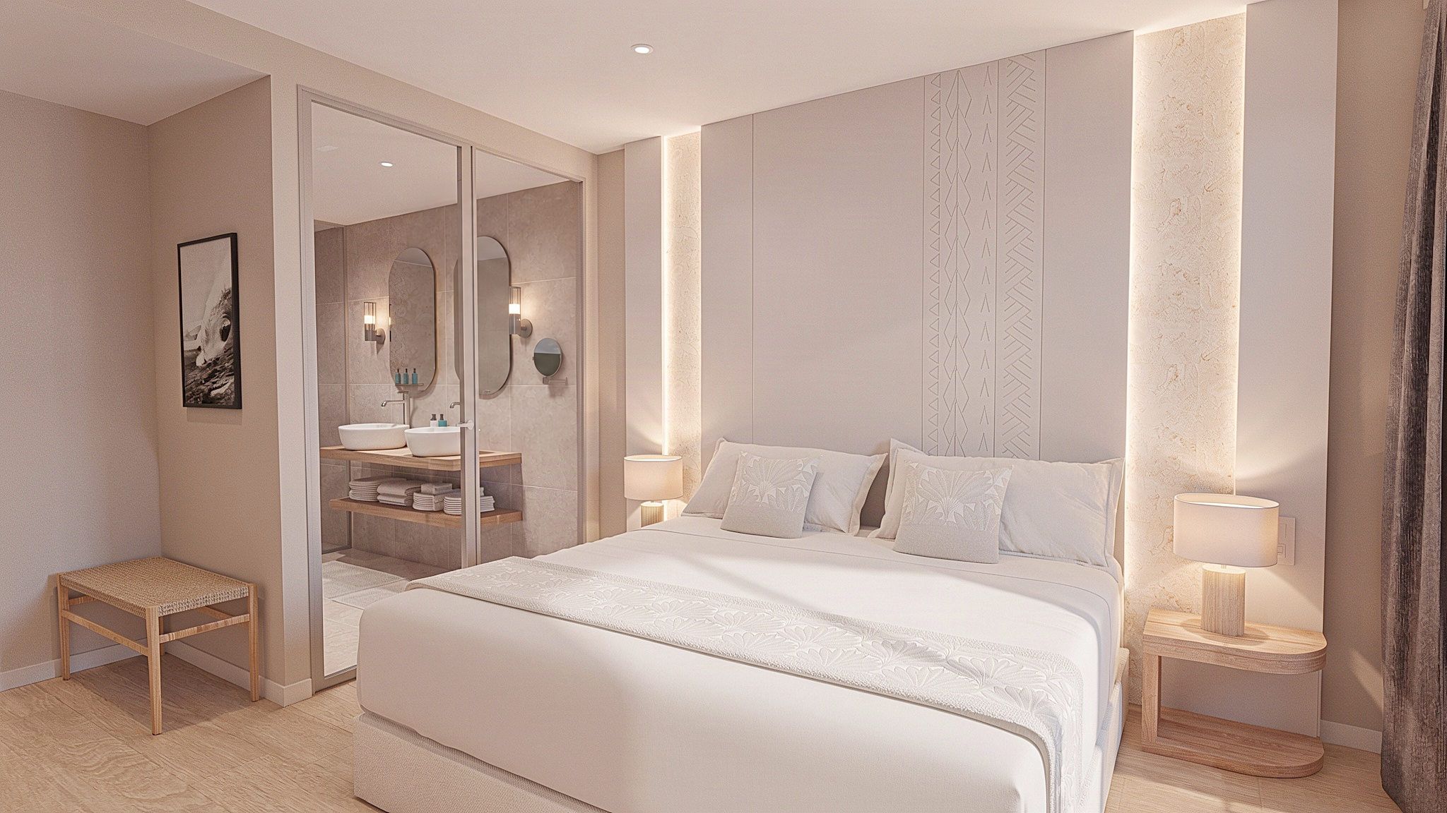 A modern bedroom with a large bed, a glass-enclosed walk-in closet, and a bedside table with a lamp.