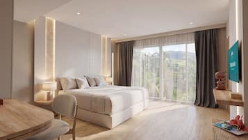 Una habitación de hotel moderna con una cama grande, un escritorio y vistas a un paisaje tropical.