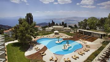 Seasonal outdoor pool, pool umbrellas, pool loungers