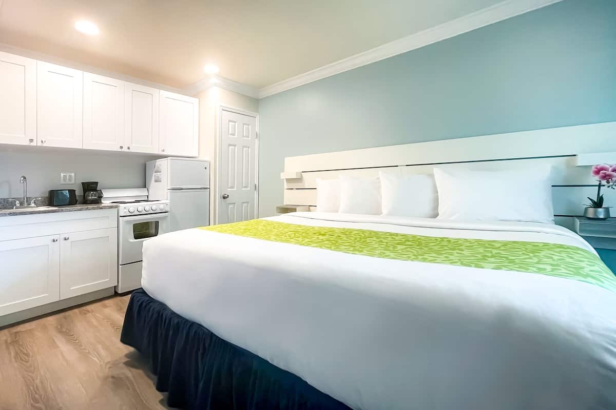 A hotel room with a bed, a kitchenette, and a bathroom.