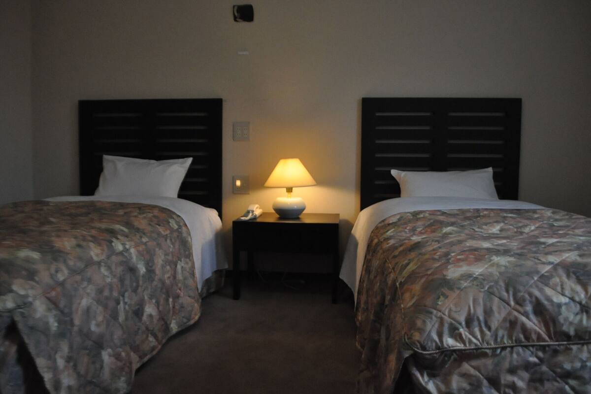 A hotel room with two beds, a nightstand with a lamp, and a telephone.