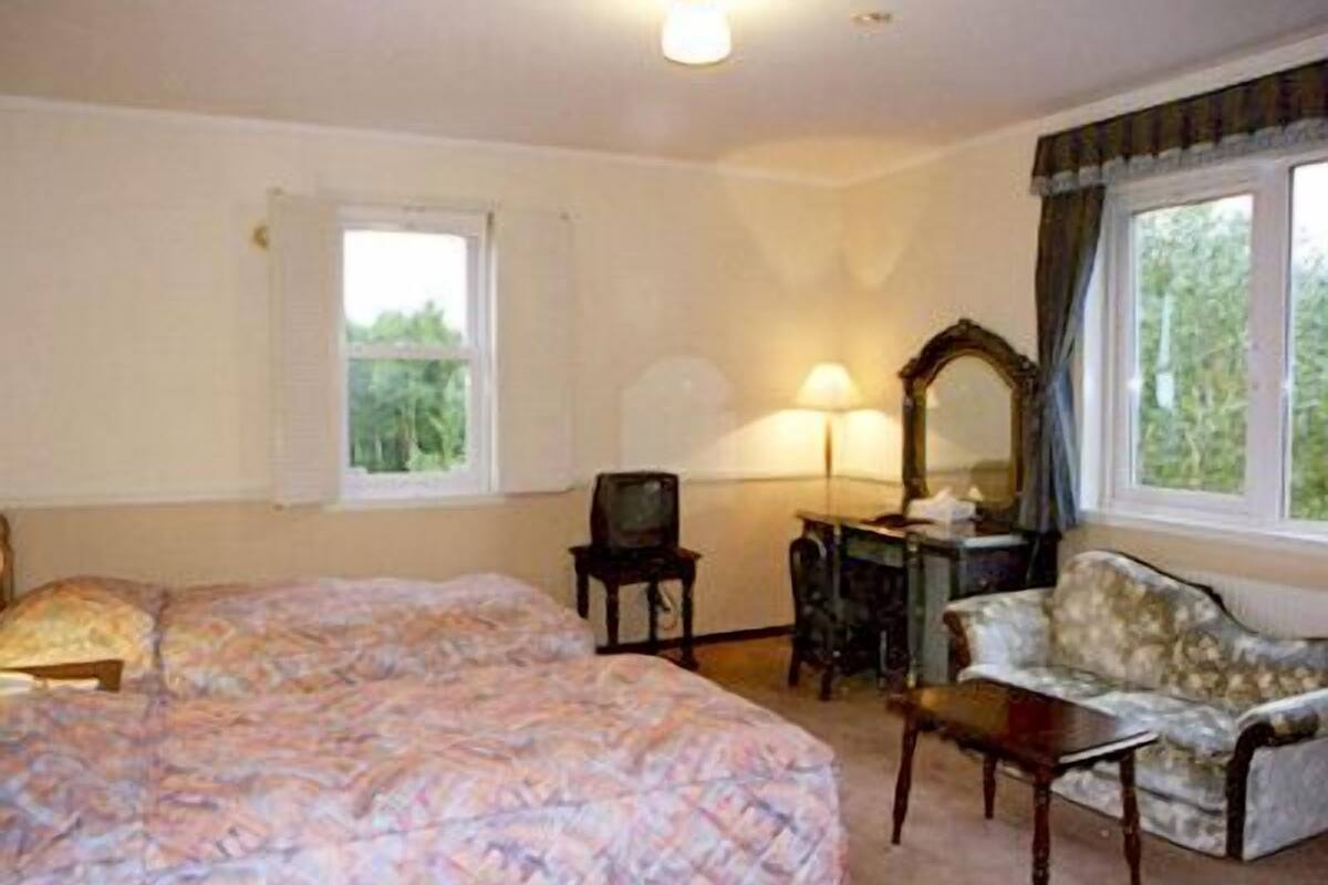 A bedroom with a large bed, a chair, a desk, and a mirror.