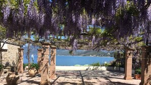A stone pergola with purple flowers, a paved area, and a view of a body of water.