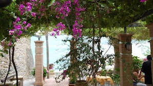 A covered outdoor area with a view of the sea, featuring a pergola with flowering vines and stone pillars.