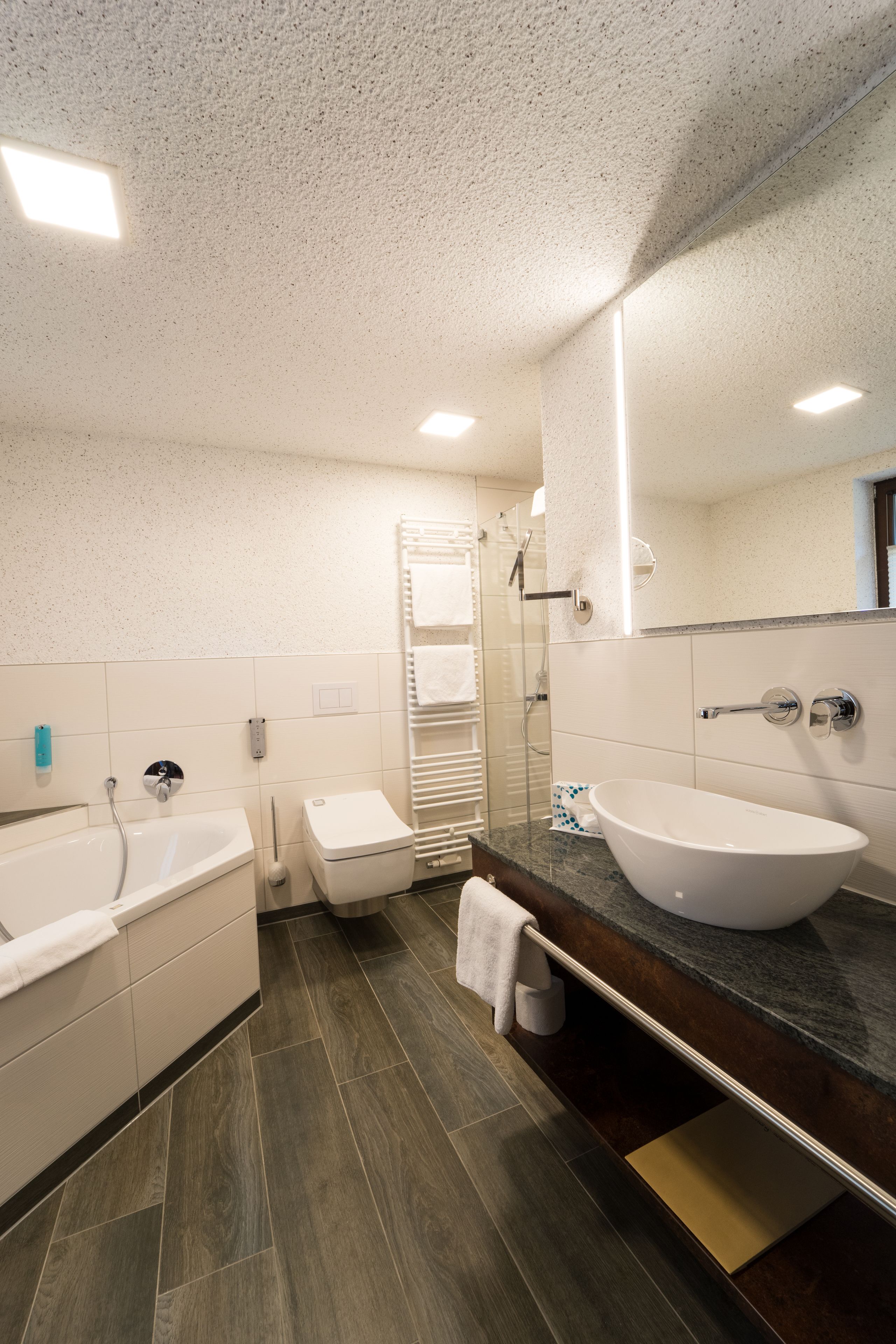 basic suite | bathroom | shower, hair dryer, towels, soap