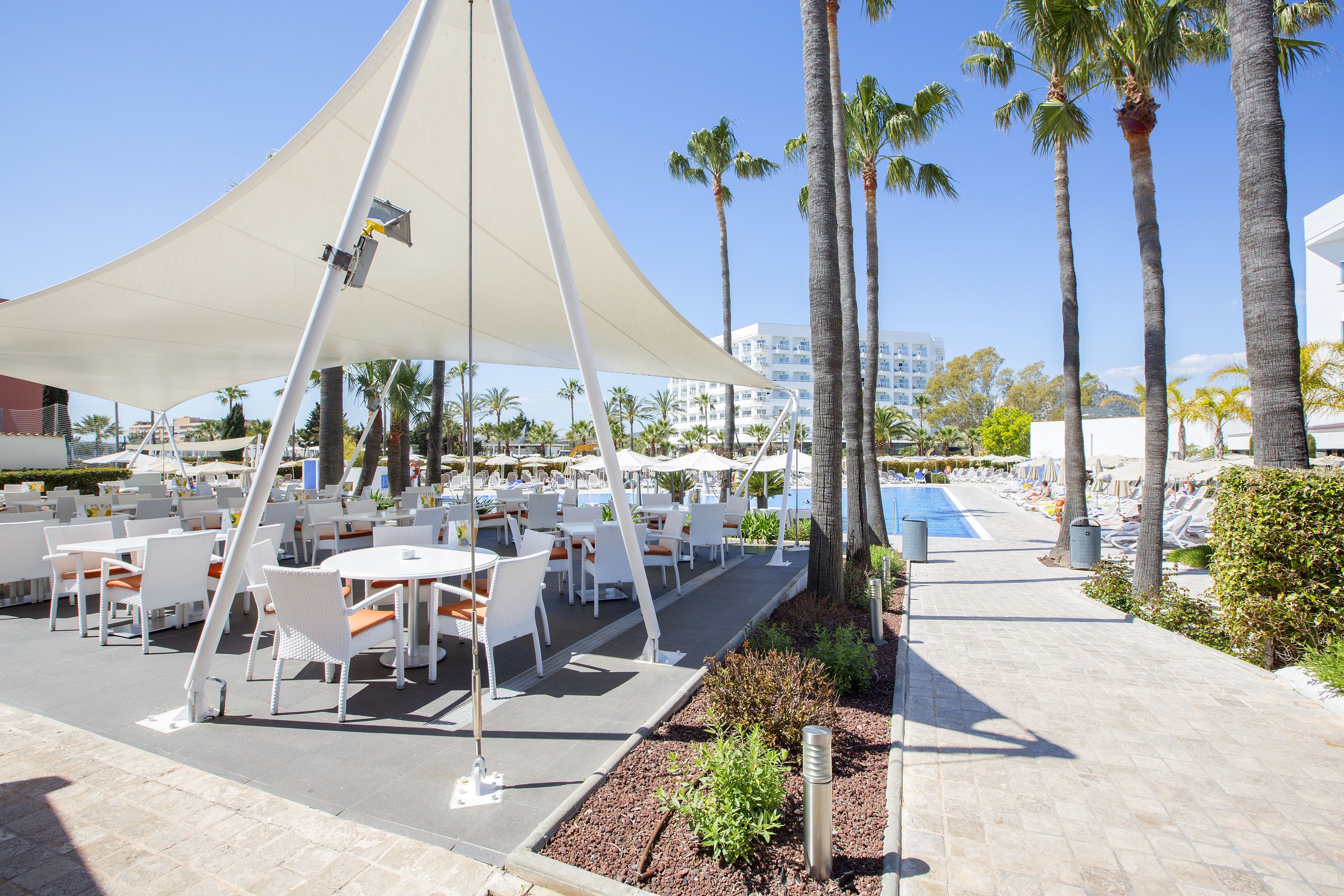 An outdoor dining area with white tables and chairs, a pool, palm trees, and a clear sky.