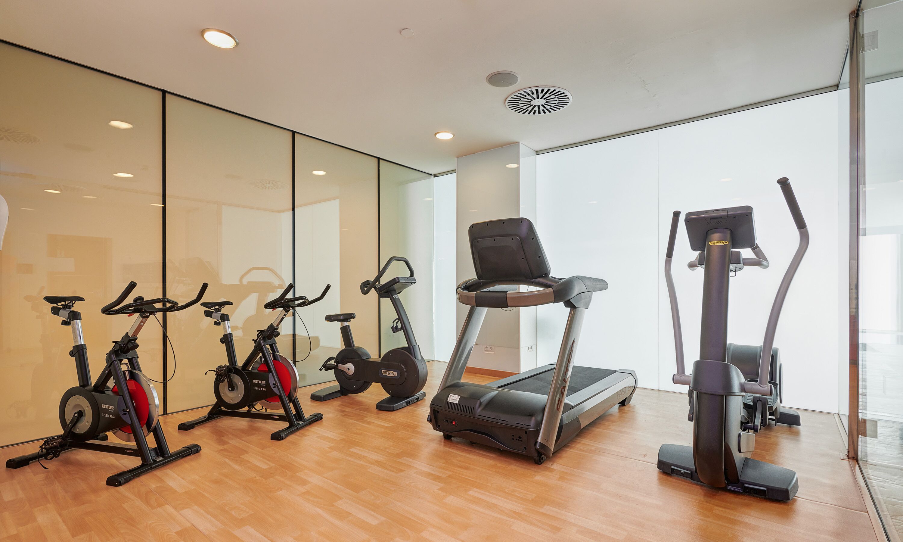 A modern gym with various cardio machines, including treadmills and stationary bikes, and a mirrored wall.