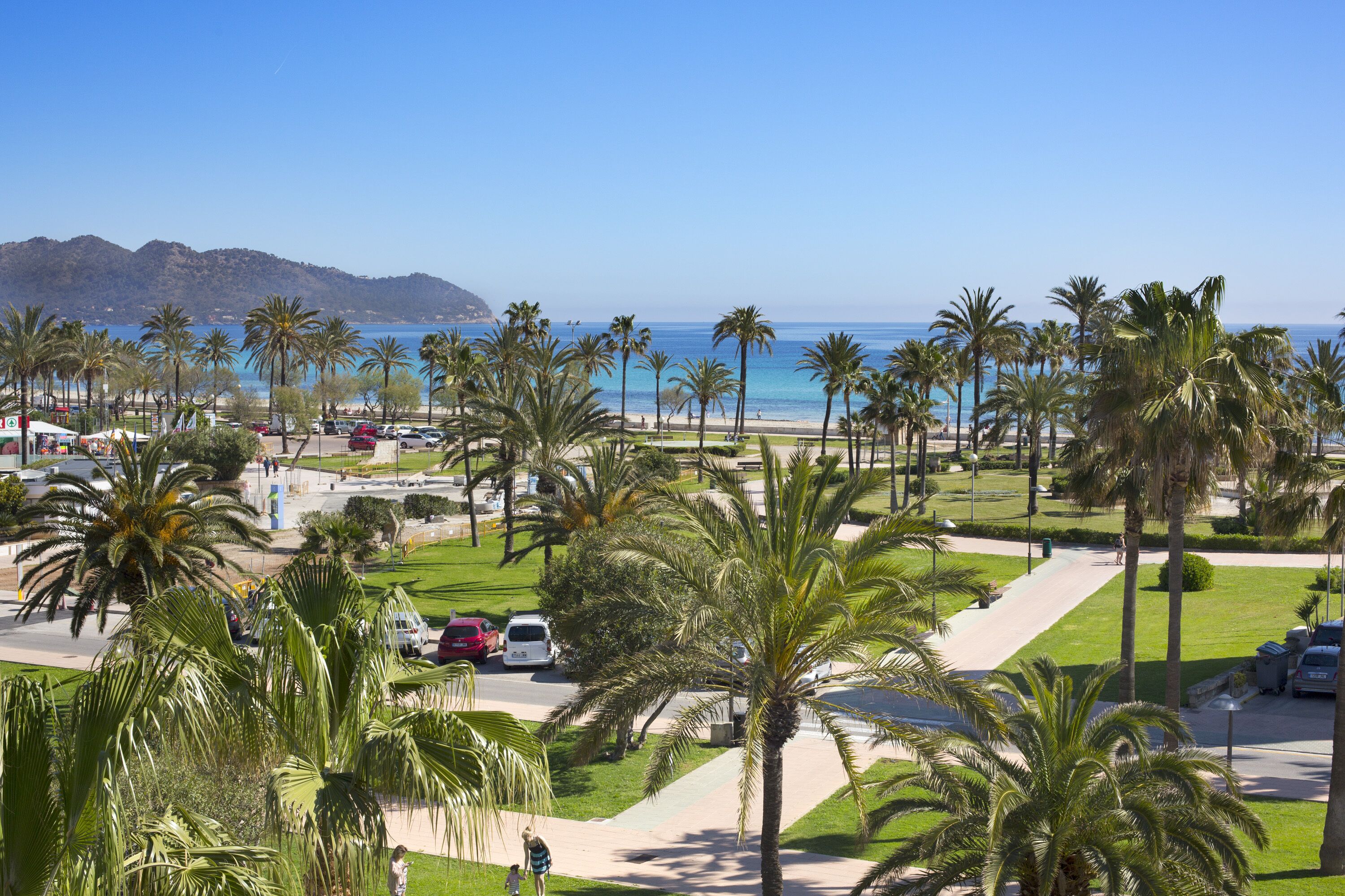 A coastal area with palm trees, a beach, and a road with parked cars.