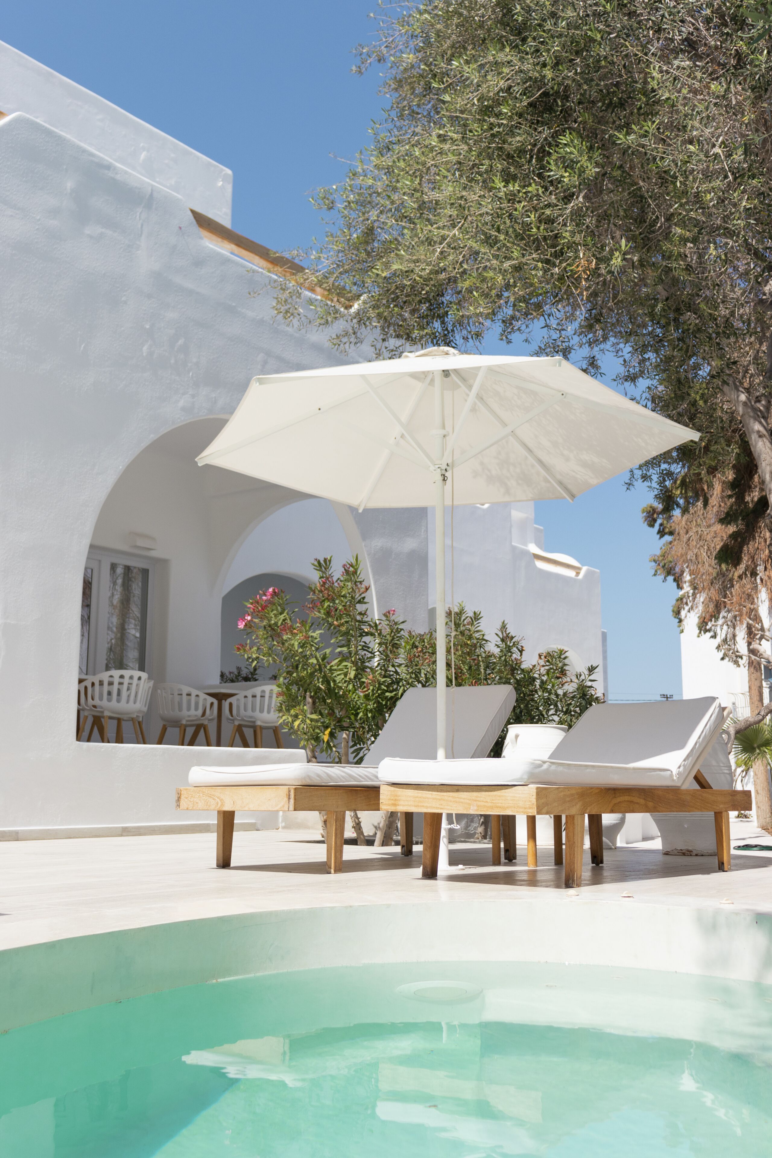 A poolside area with lounge chairs and an umbrella, a white building with arches, and a tree.