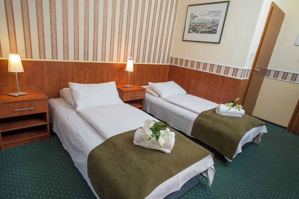Habitación de hotel con dos camas y cabeceros de madera, y pared a rayas.