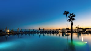 A calm pool area with lounge chairs and palm trees, reflecting the sunset.