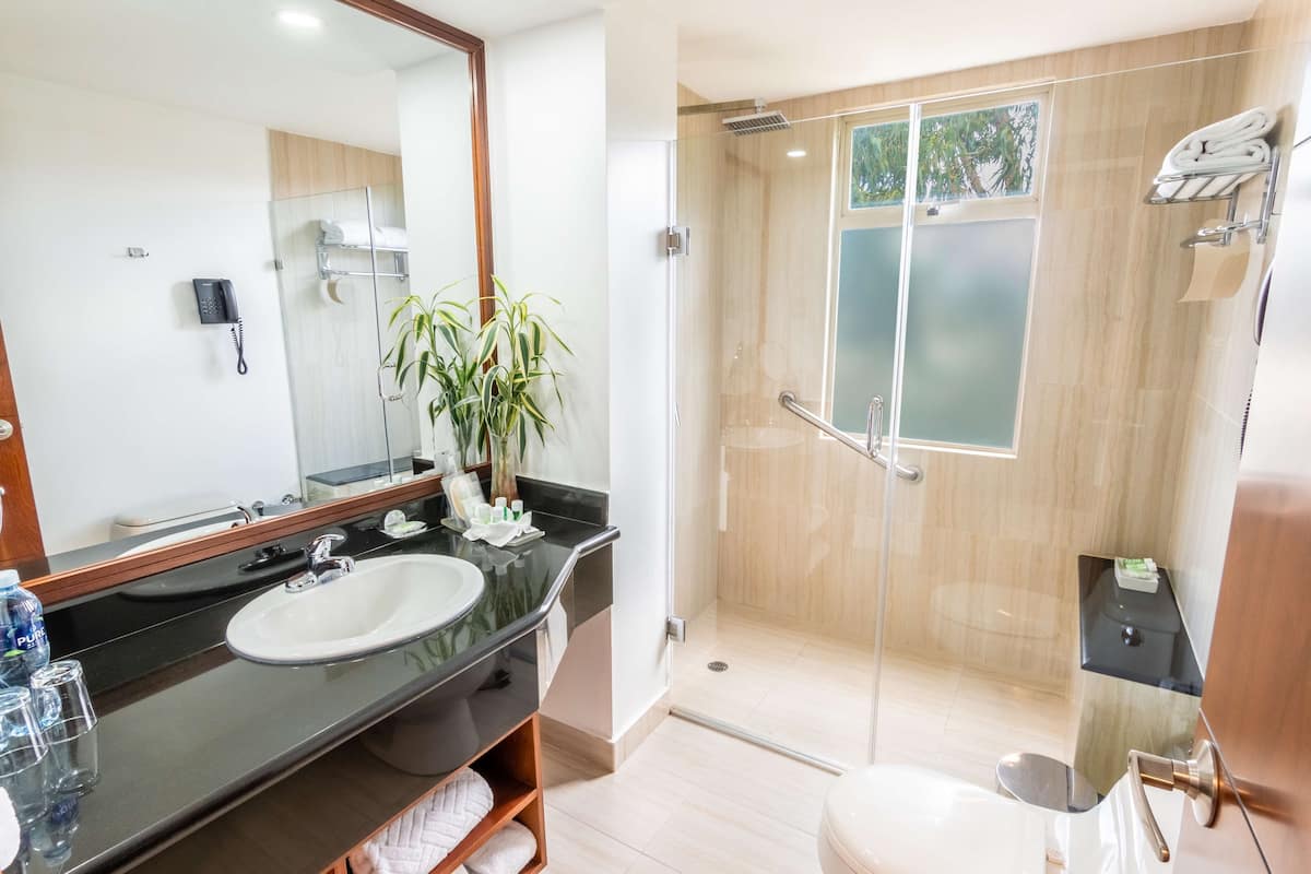 shower, rainfall showerhead, free toiletries, hair dryer