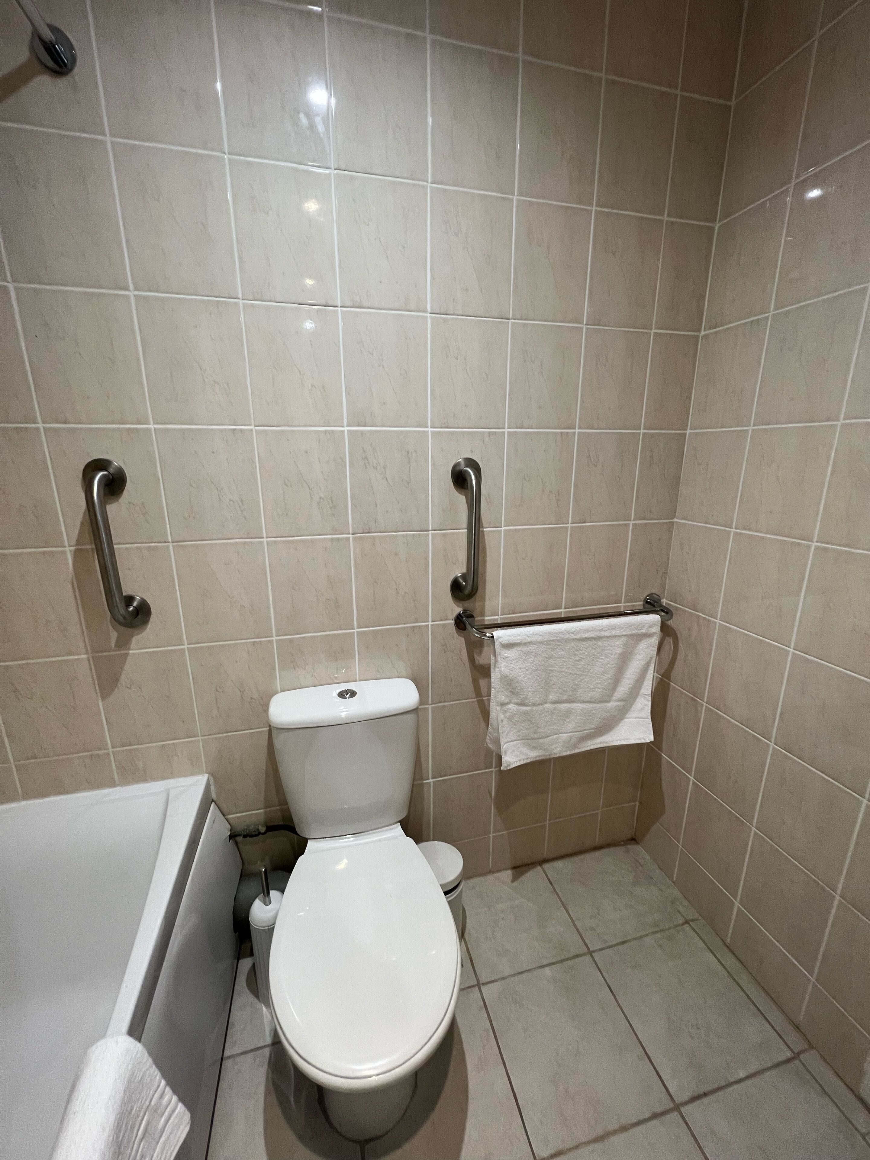 A small, modern bathroom with a toilet, grab bars, a towel rack, and a bathtub.