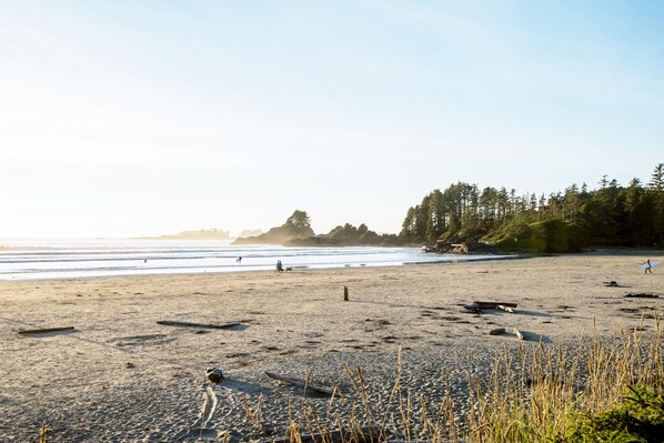 A beach with a sandy shore, some driftwood, and a few people walking. - Cox Bay Beach Resort (Tofino)