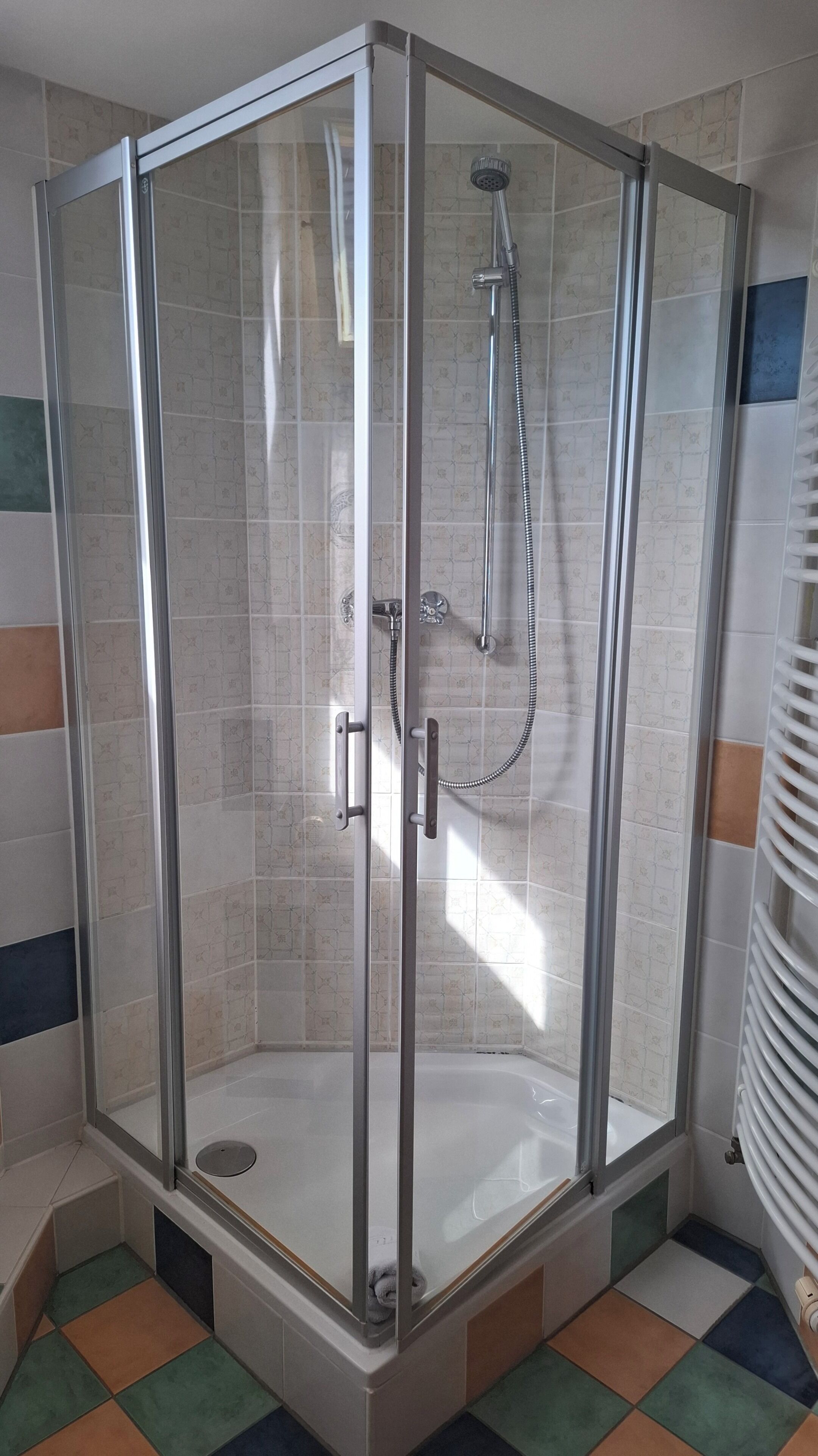 A glass-enclosed shower with a handheld showerhead and a handheld faucet.