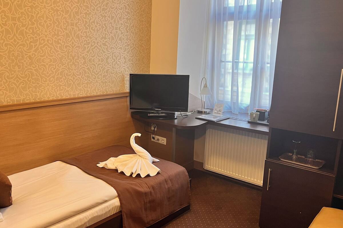 A hotel room with a bed, a desk with a television, a window with curtains, and a radiator.