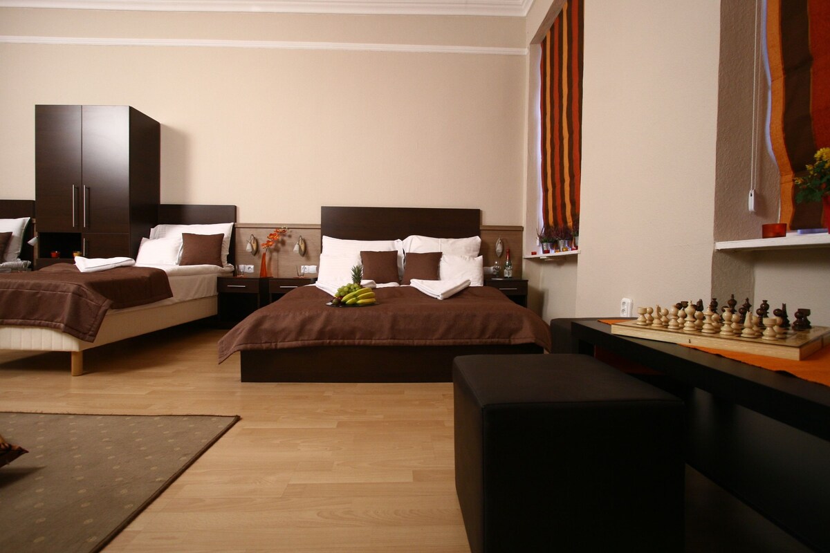 A hotel room with two beds, a desk with a chessboard, and a large wardrobe.