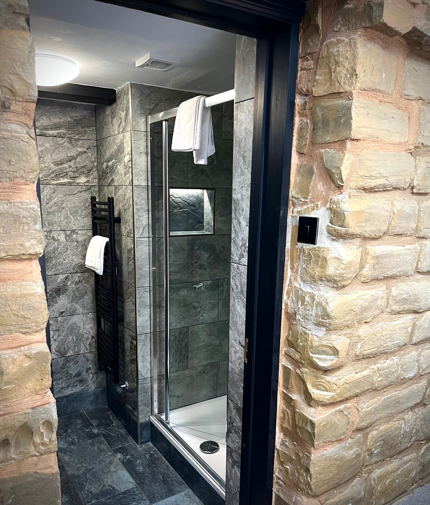 Shower, free toiletries, hair dryer, towels