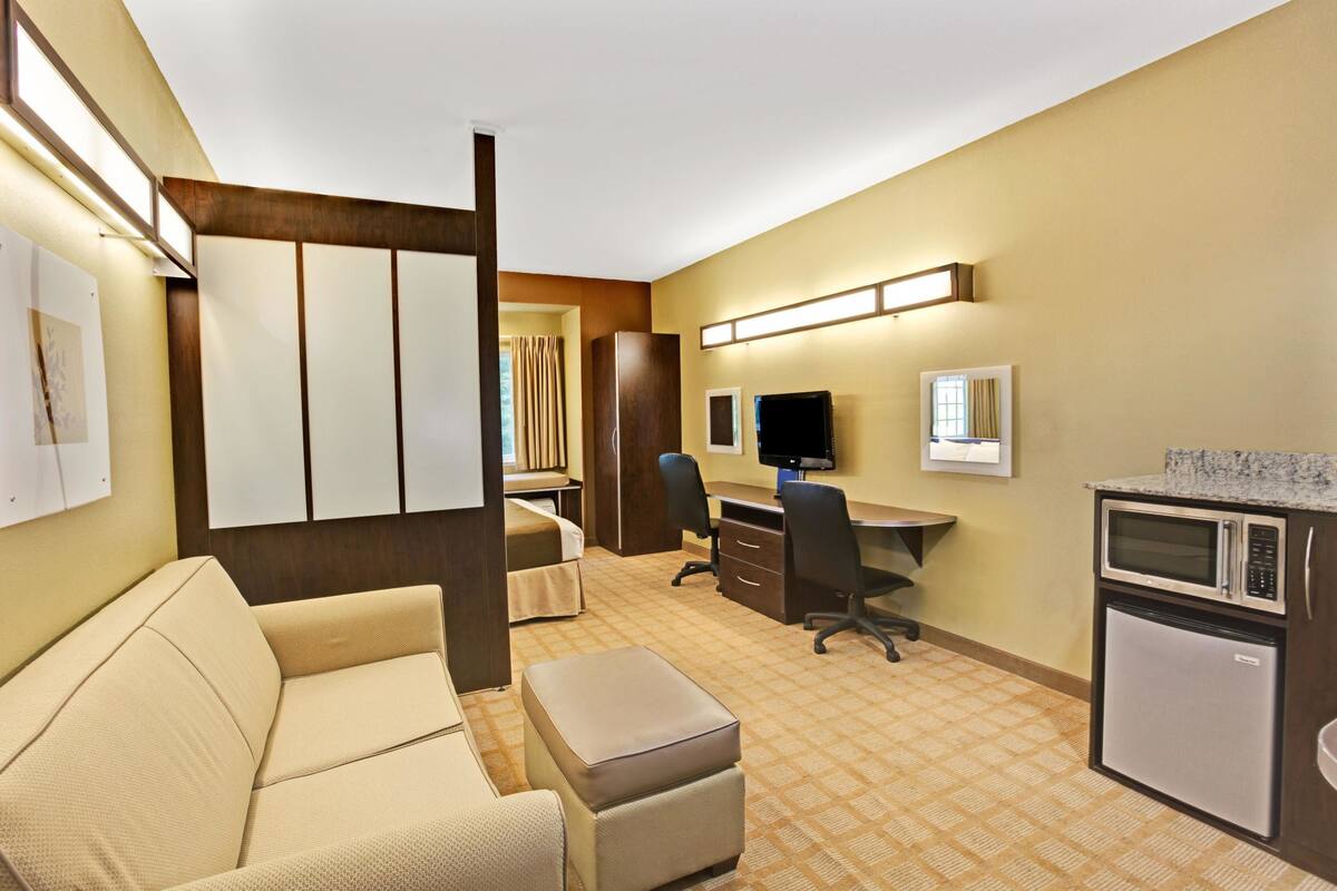 A hotel room with a sofa, a desk, a chair, a small kitchenette, and a TV.