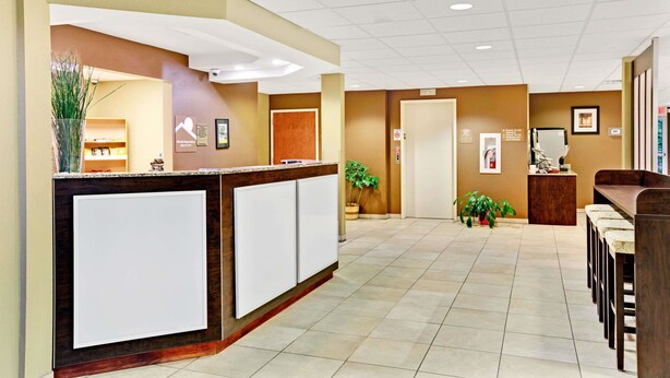 A reception area with a reception desk, a seating area with tables and chairs, and potted plants. - Microtel Inn & Suites by Wyndham Bryson City (Bryson City)