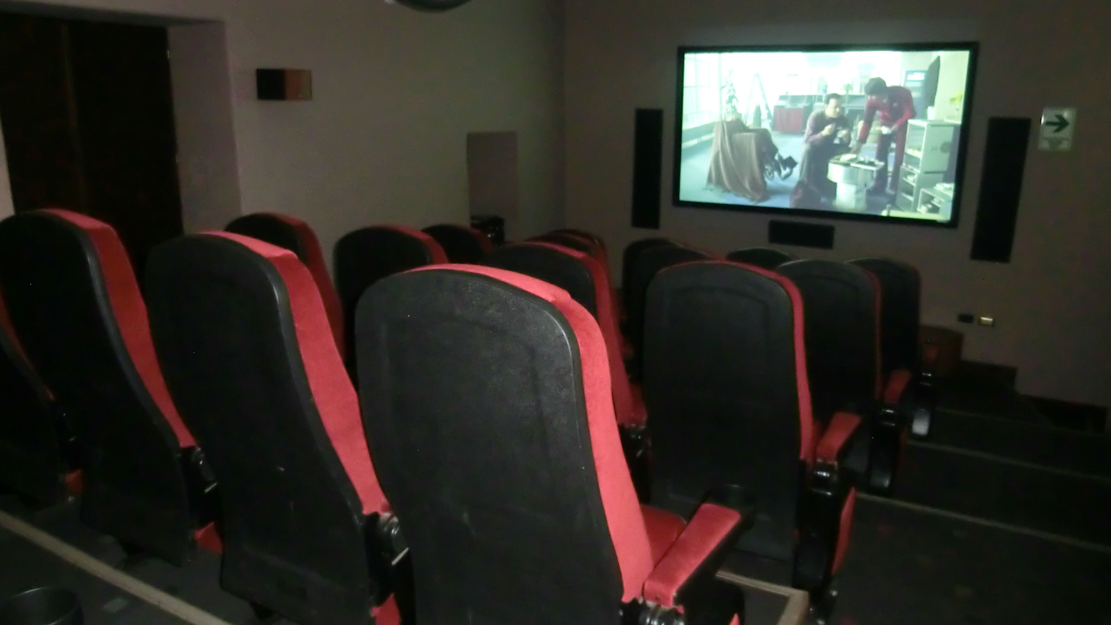 A cinema room with rows of black seats with red headrests, a large screen, and a projector.