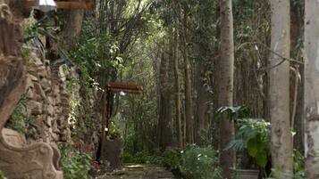 Un sendero de piedra serpentea por un jardín exuberante con una pérgola de madera y faroles colgantes.
