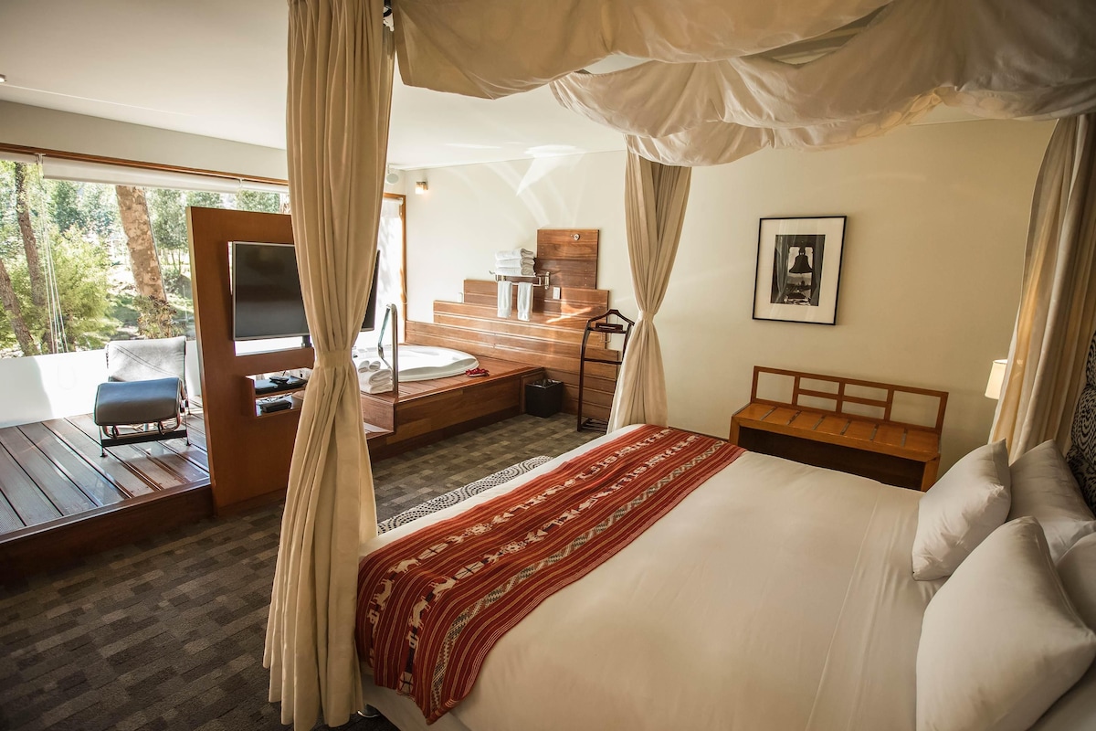 A bedroom with a canopy bed, a wooden desk, a chair, a television, and a view of the outdoors.