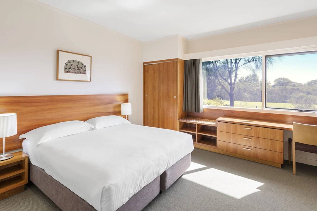 A hotel room with a large bed, a desk, a wardrobe, and a window with a view of trees.