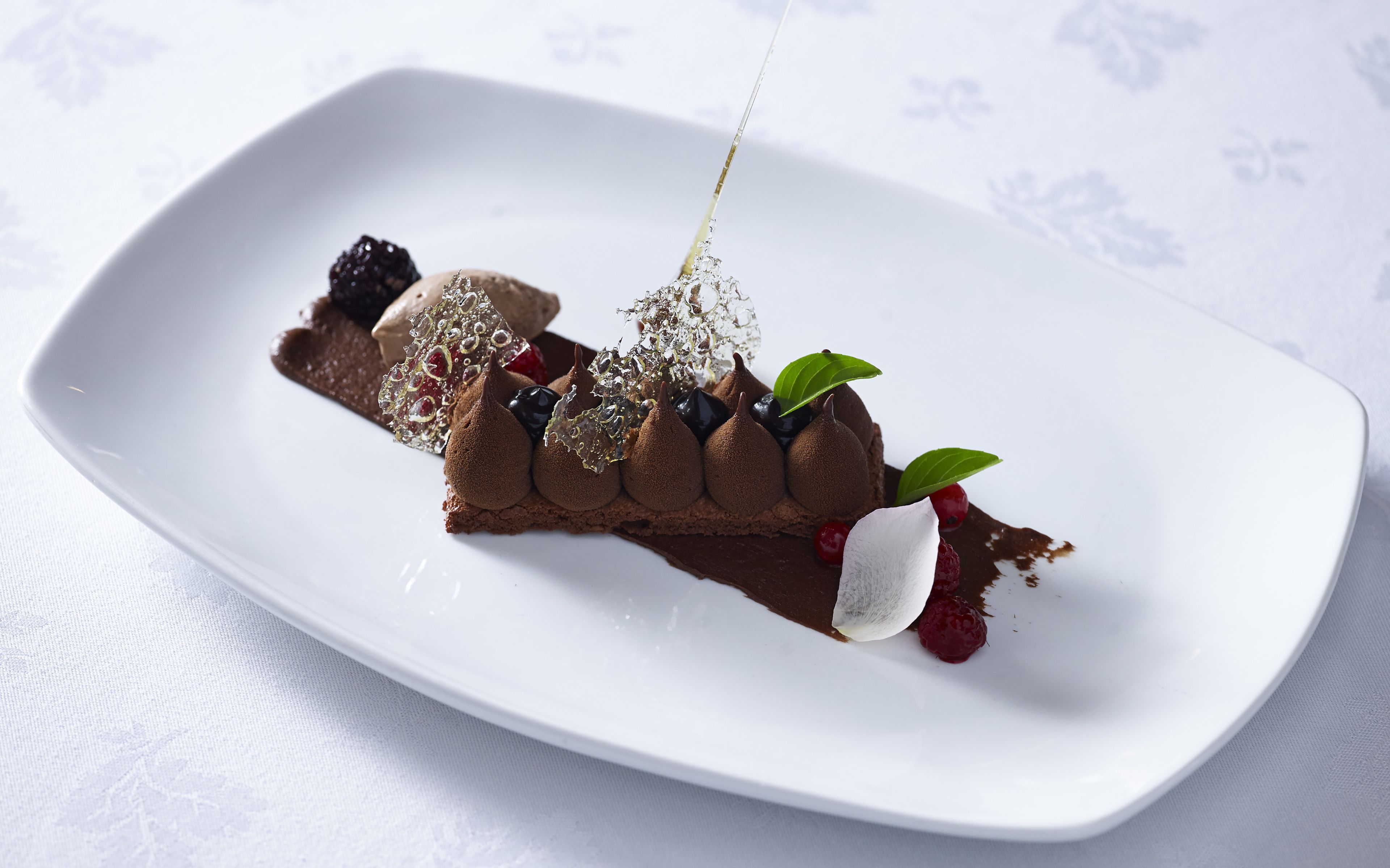 A dessert on a white plate with chocolate mousse, berries, and a decorative leaf.