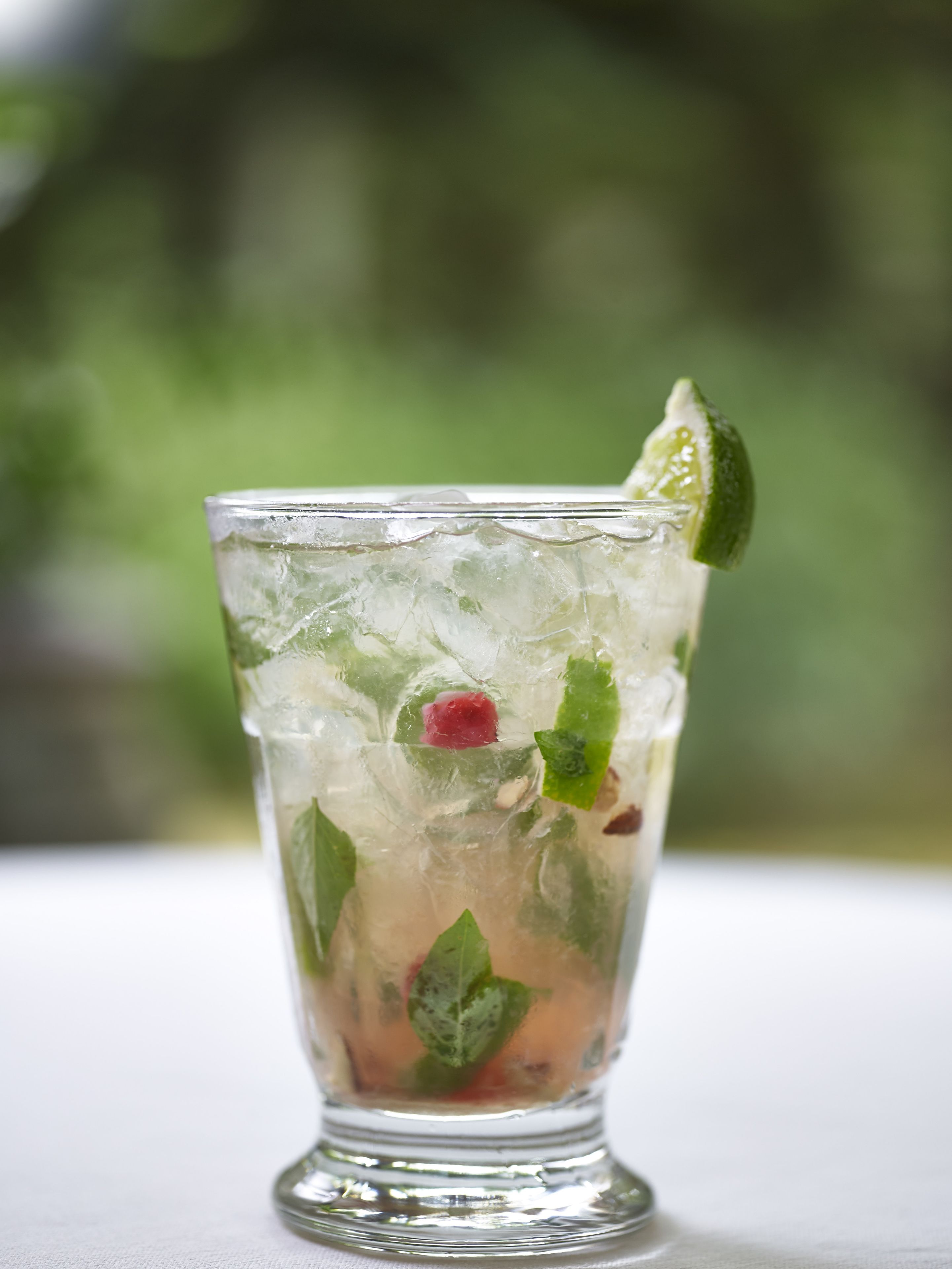 A glass of a beverage with ice, lime, and mint leaves.